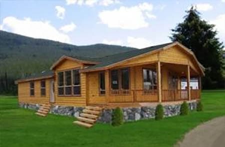 Nice new log home style manufactured home with staircases and patio on land